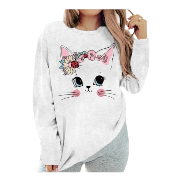 Cute Cat Floral Crown Long Sleeve T-Shirt - Soft Everyday Tops women all sizes - Picture 4 of 4